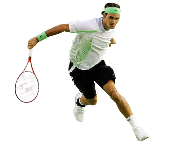 Roger Federer approaching the net at tennis